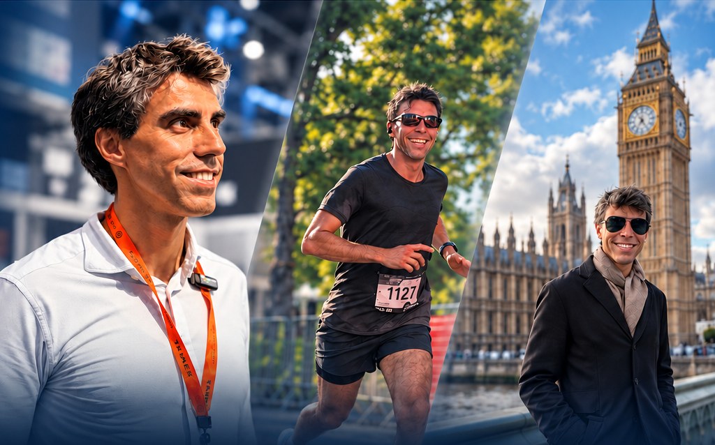 Ricardo Cabral em três momentos: em um evento de negócios, correndo uma prova e em viagem a Londres